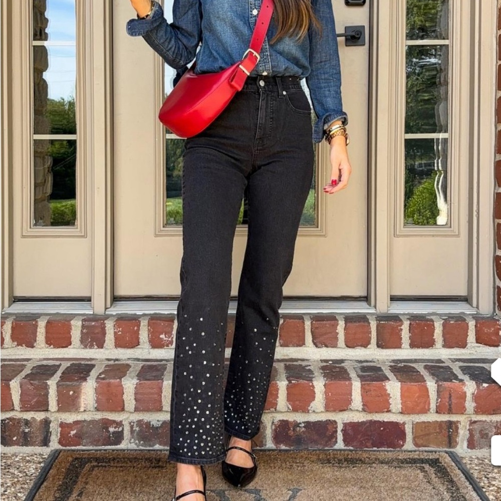Madewell NWT Womens 27 90s Straight Leg Jeans Black High Rise Jeweled